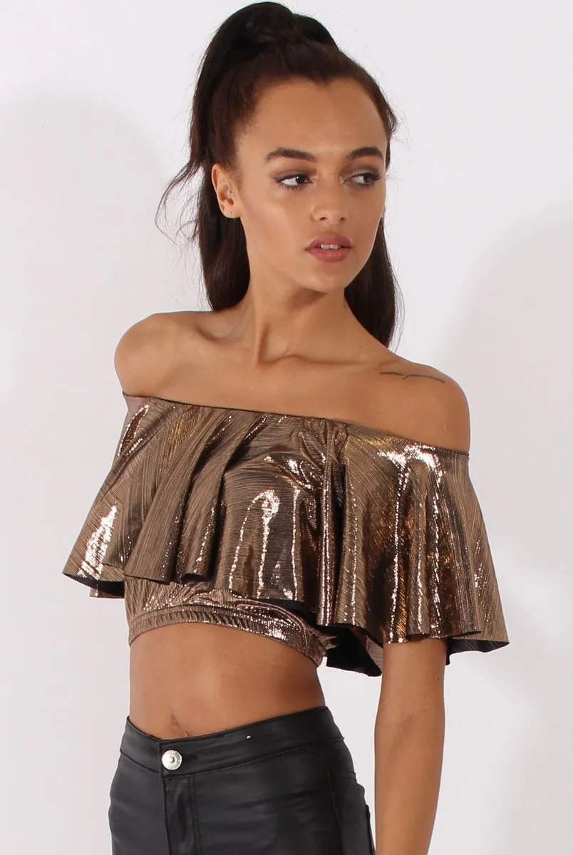 Bronze Metallic Bardot Frill Crop Top - Ariana