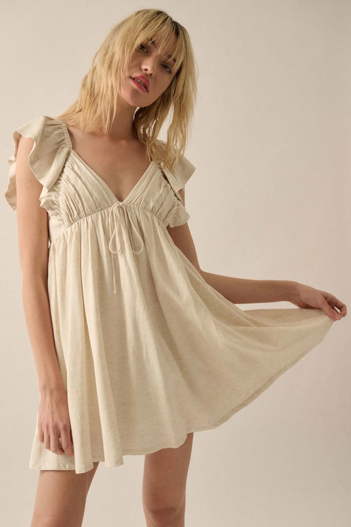 By Nature Ruffled Linen-Blend Babydoll Mini Dress