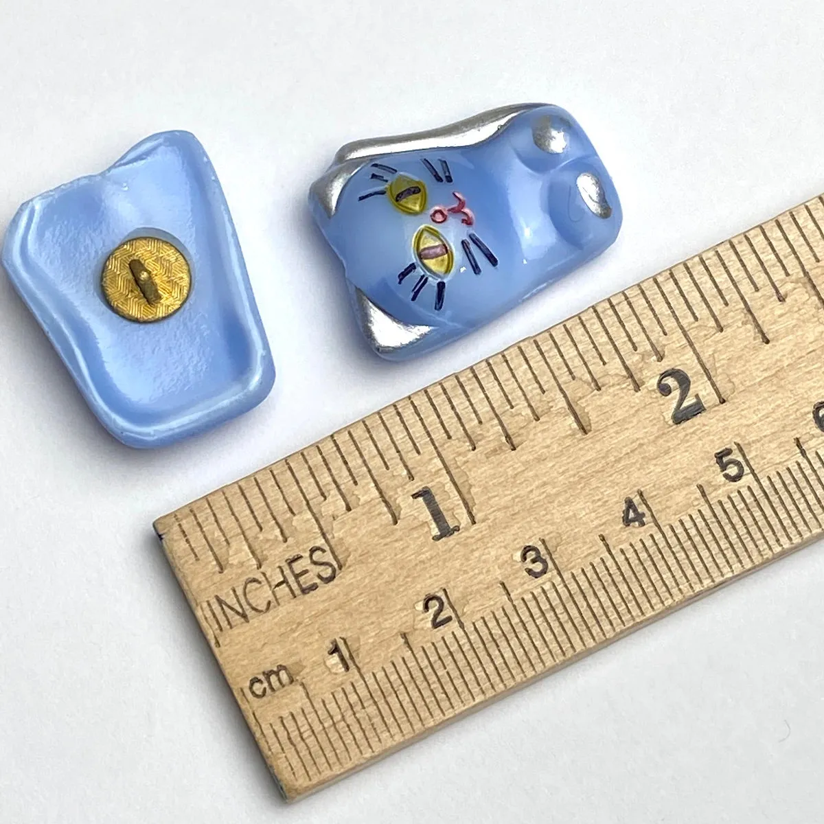 Cat with Silver Paws Czech Glass Handpainted Button, Blue 1-1/8"  #CB732