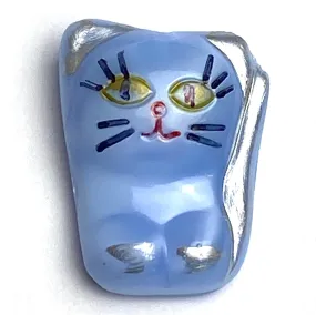 Cat with Silver Paws Czech Glass Handpainted Button, Blue 1-1/8"  #CB732