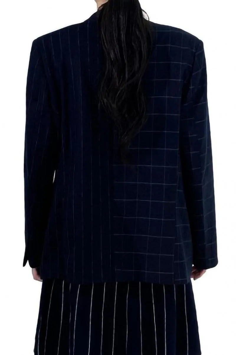 Checked x Striped Double Breasted Jacket in Navy