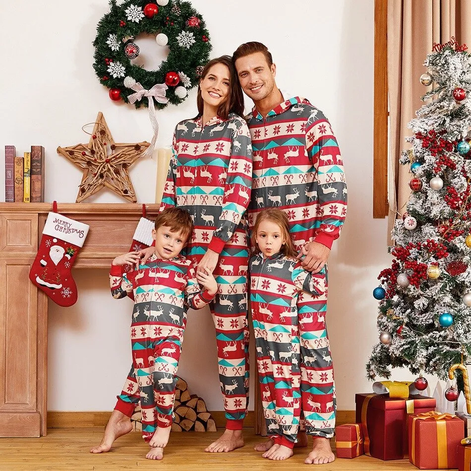 Christmas Matching Family Pyjamas Pajamas Fashion Casual Home Jumpsuits   Set  Cartoon Hooded Overall Xmas Outfits