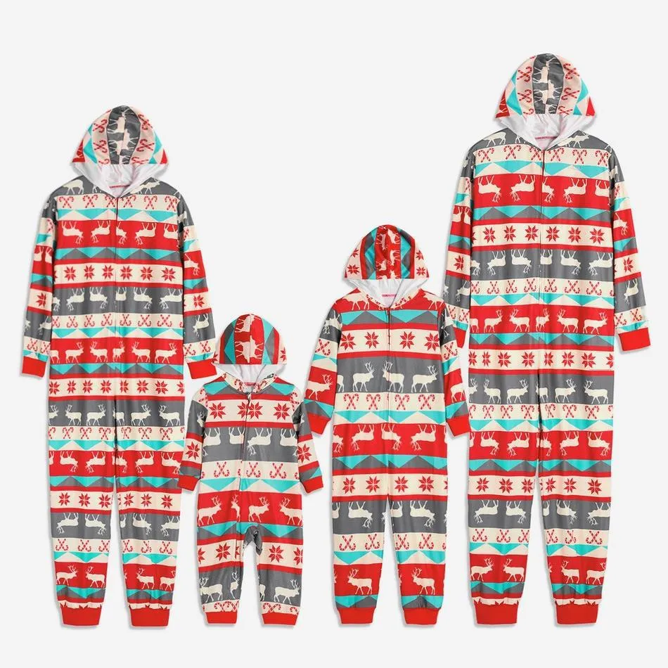 Christmas Matching Family Pyjamas Pajamas Fashion Casual Home Jumpsuits   Set  Cartoon Hooded Overall Xmas Outfits