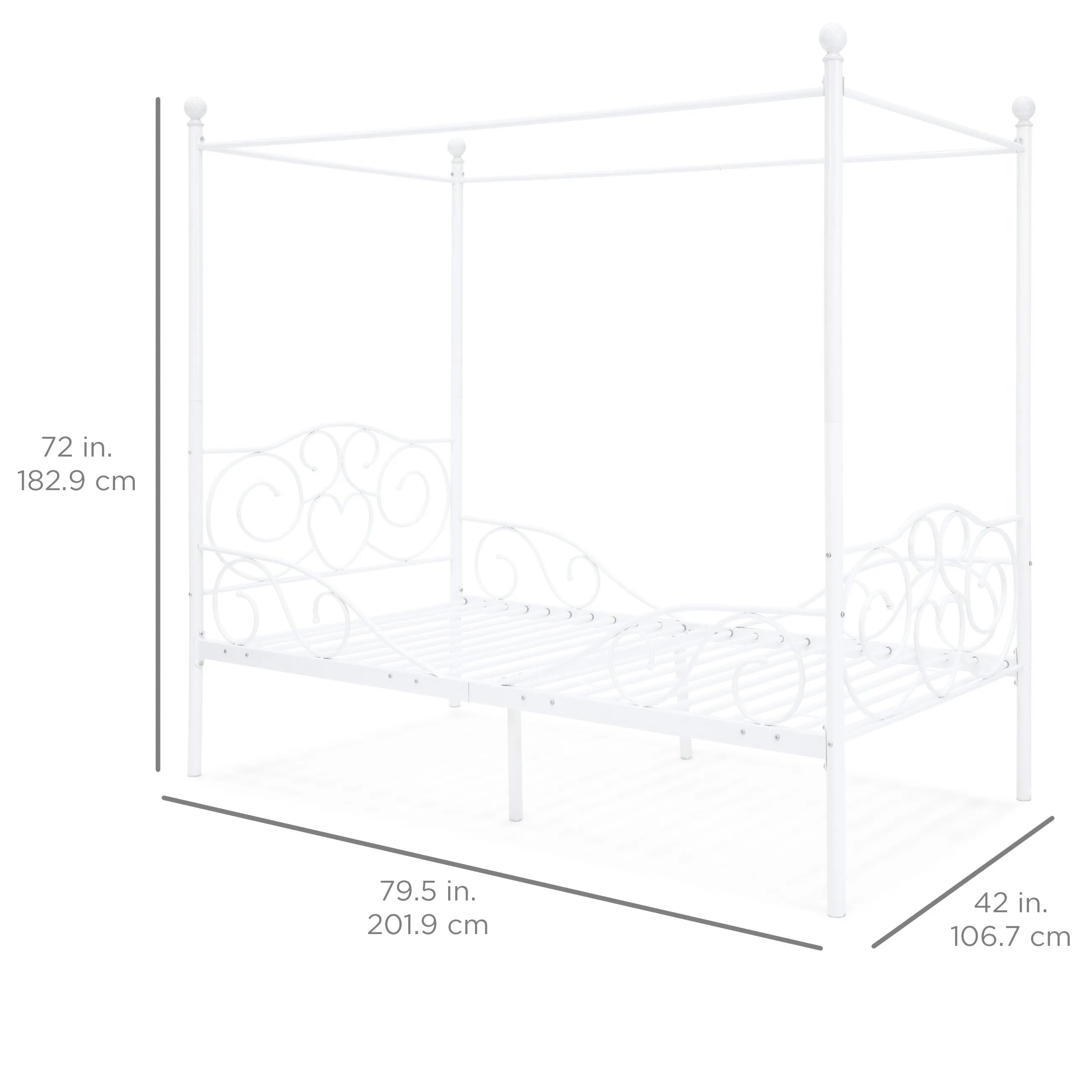 Classic 4-Post Metal Canopy Twin Bed Frame w/ Scroll Design