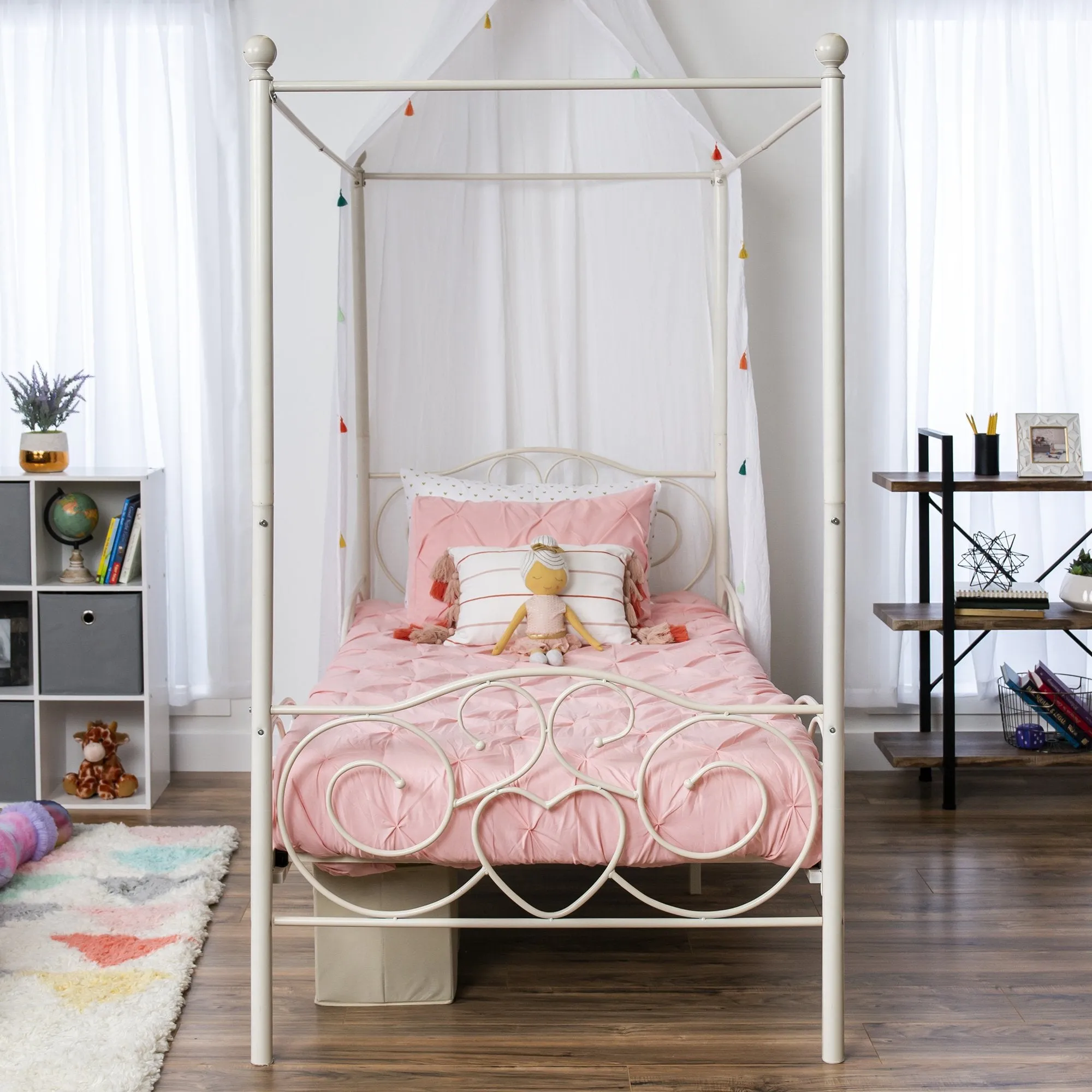 Classic 4-Post Metal Canopy Twin Bed Frame w/ Scroll Design