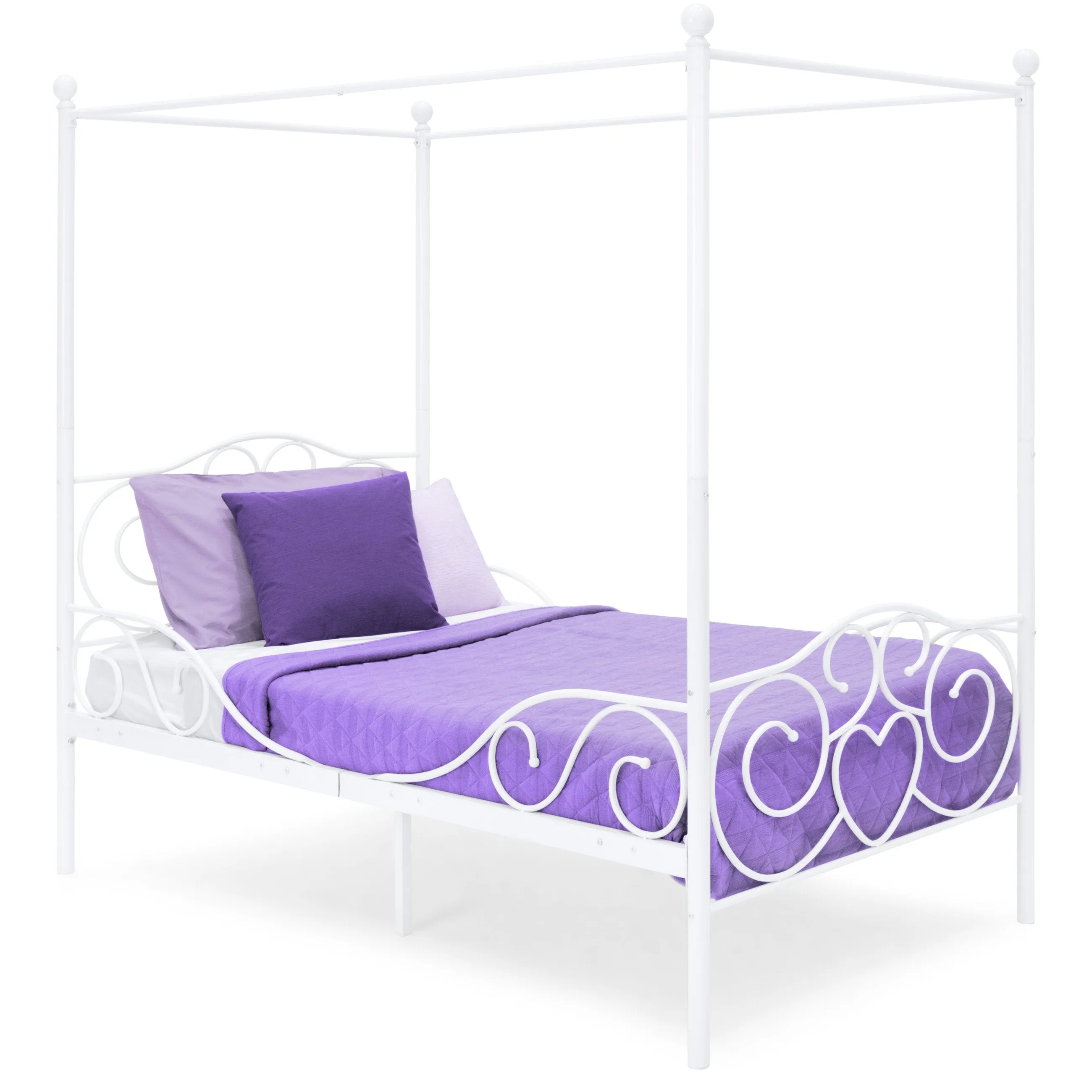 Classic 4-Post Metal Canopy Twin Bed Frame w/ Scroll Design