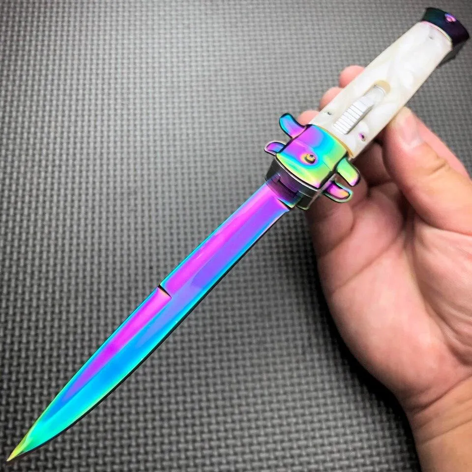 Classic Gentleman Italian Stiletto OTF Rainbow Damascus Style