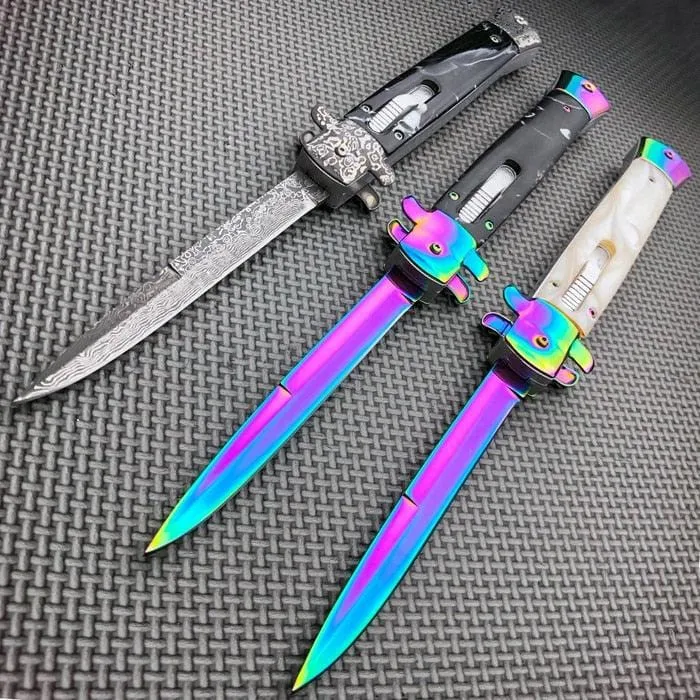 Classic Gentleman Italian Stiletto OTF Rainbow Damascus Style