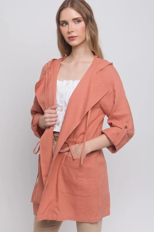 Clay Open Front Hoodie Trench Linen Jacket