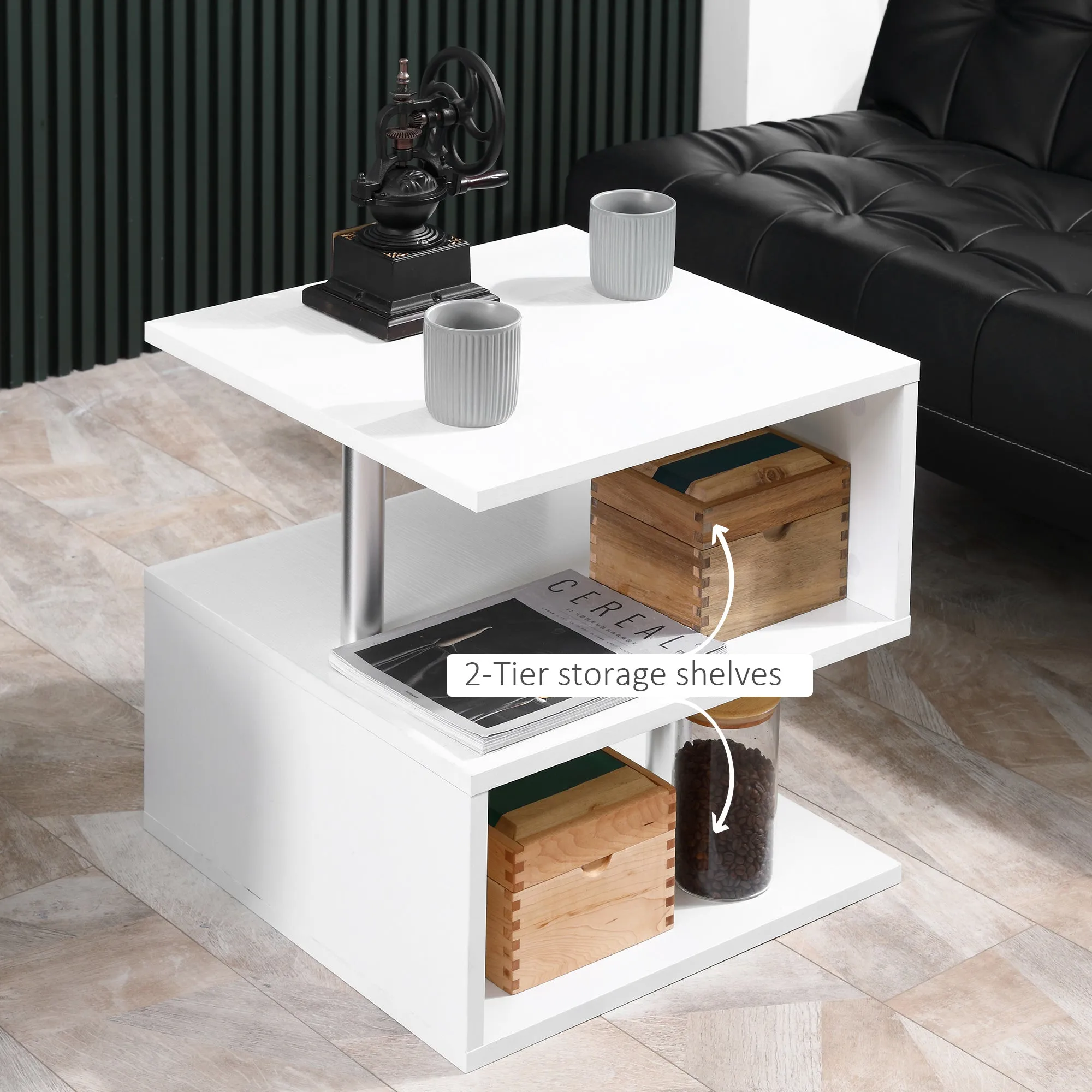 Coffee End Table S shape 2 Tier Storage Shelves Organizer Versatile Home office furniture (White)