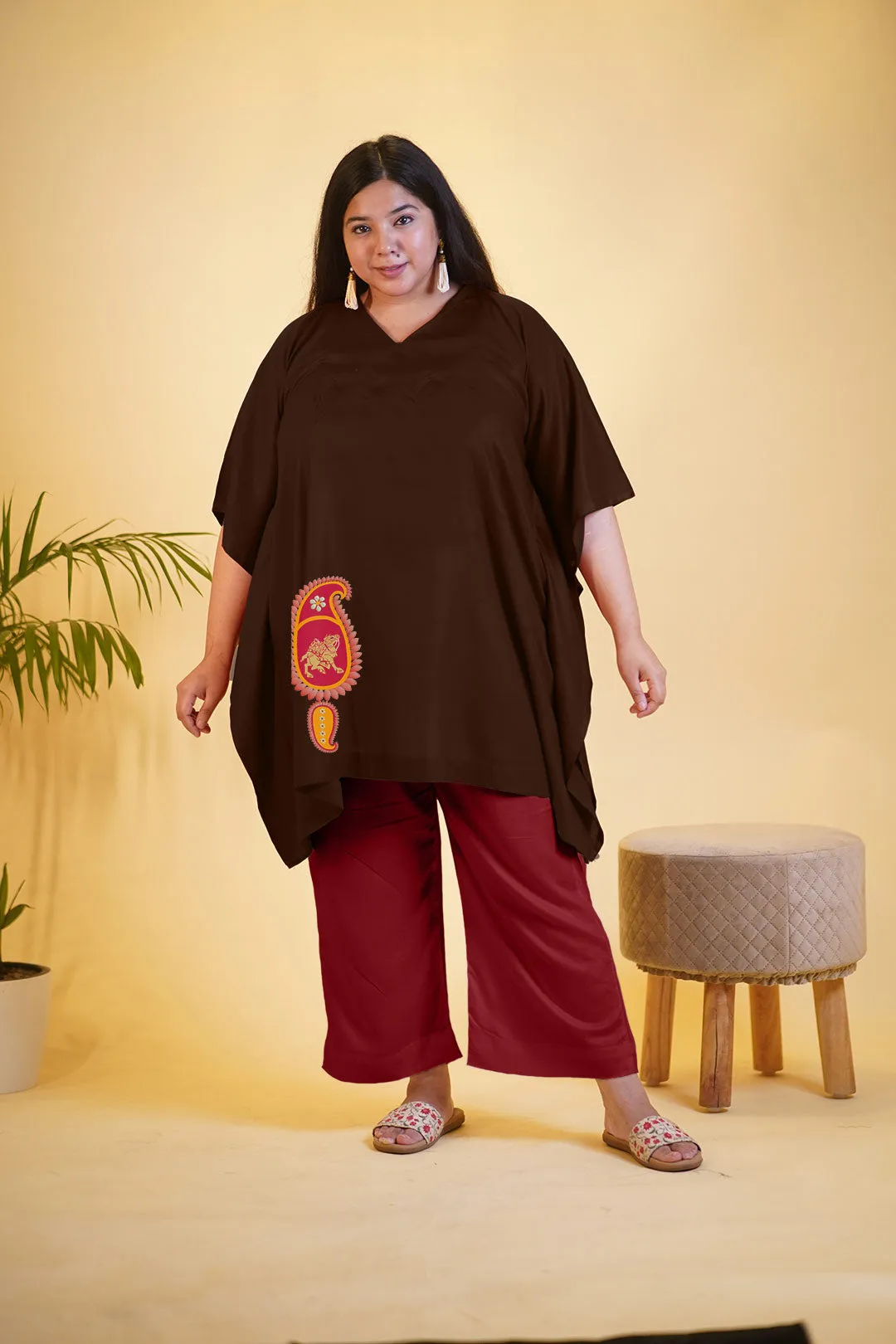 Coffee Rayon Kurti & Maroon Palazzo - Gul e Lalah