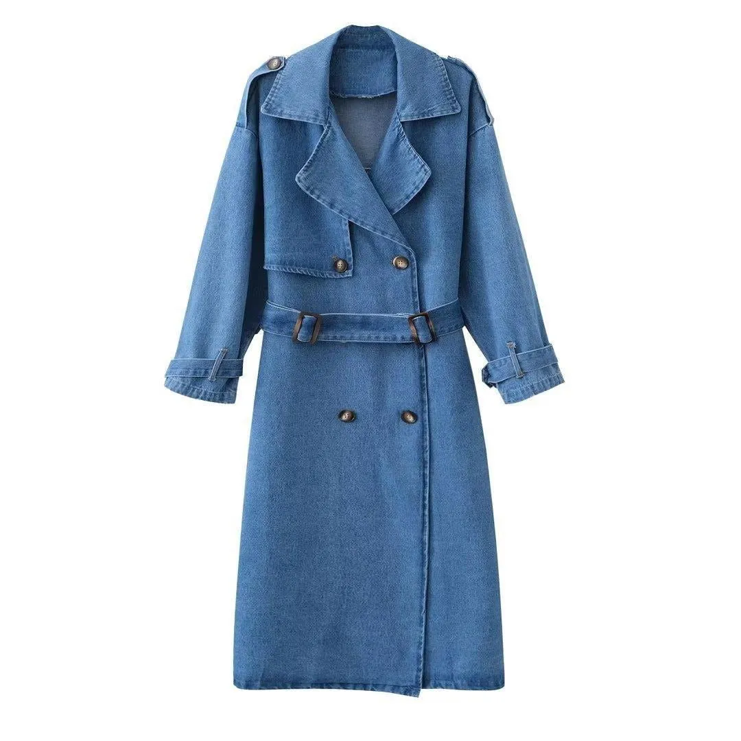 Collared Button Double-breasted Denim Trench Coats with Belt