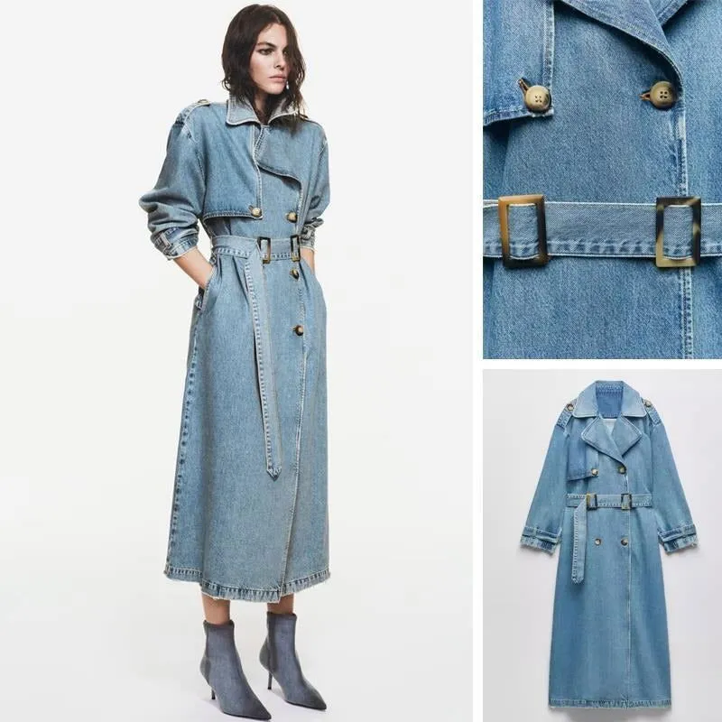 Collared Button Double-breasted Denim Trench Coats with Belt