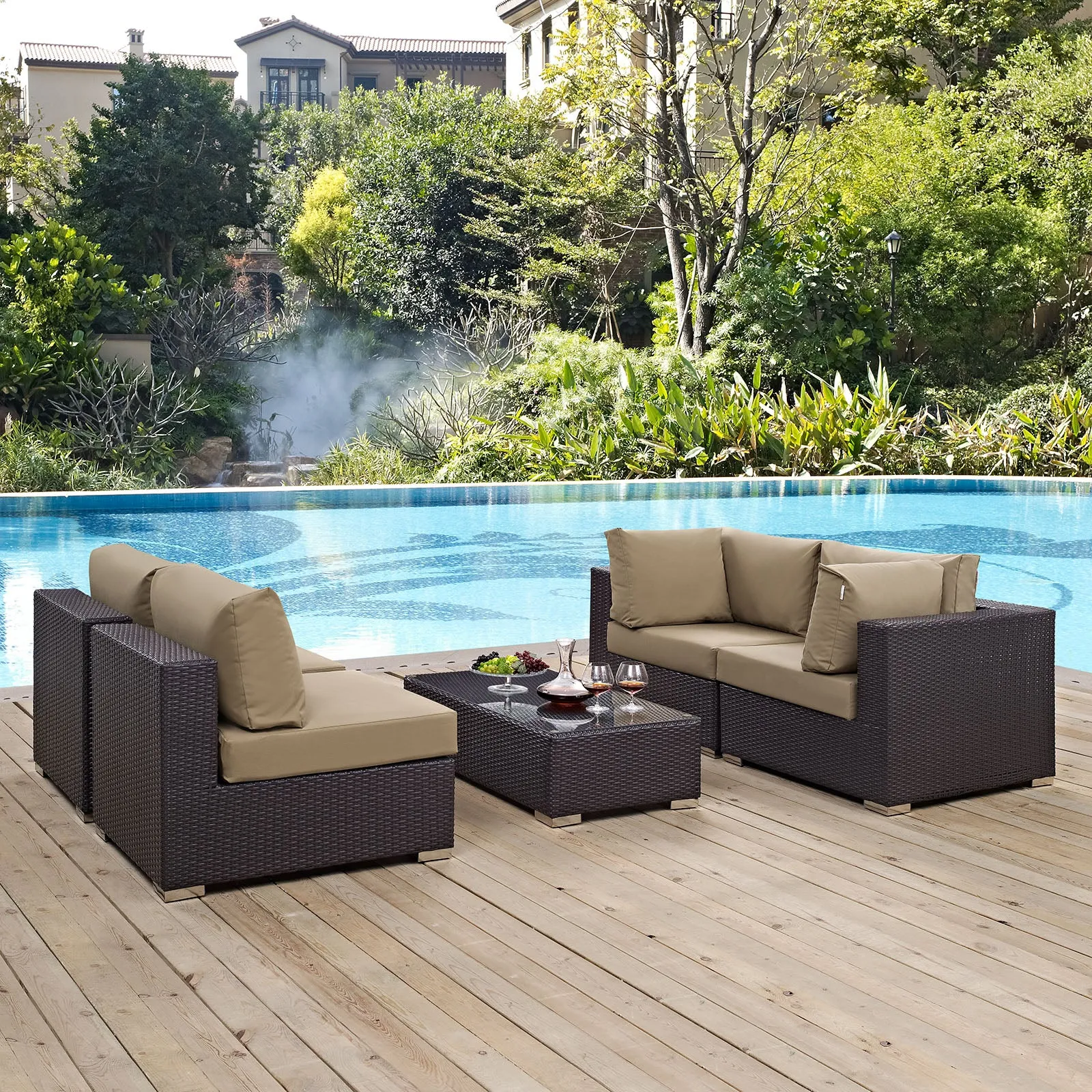 Convene 5 Piece Outdoor Patio Sectional Set Espresso Mocha EEI-2163-EXP-MOC-SET