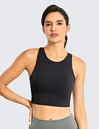 CRZ YOGA Women's High Neck Longline Sports Bra - Padded Racerback Yoga Bra Crop Tank Top with Built in Shelf Bra Black Medium