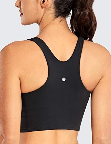 CRZ YOGA Women's High Neck Longline Sports Bra - Padded Racerback Yoga Bra Crop Tank Top with Built in Shelf Bra Black Medium