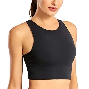 CRZ YOGA Women's High Neck Longline Sports Bra - Padded Racerback Yoga Bra Crop Tank Top with Built in Shelf Bra Black Medium