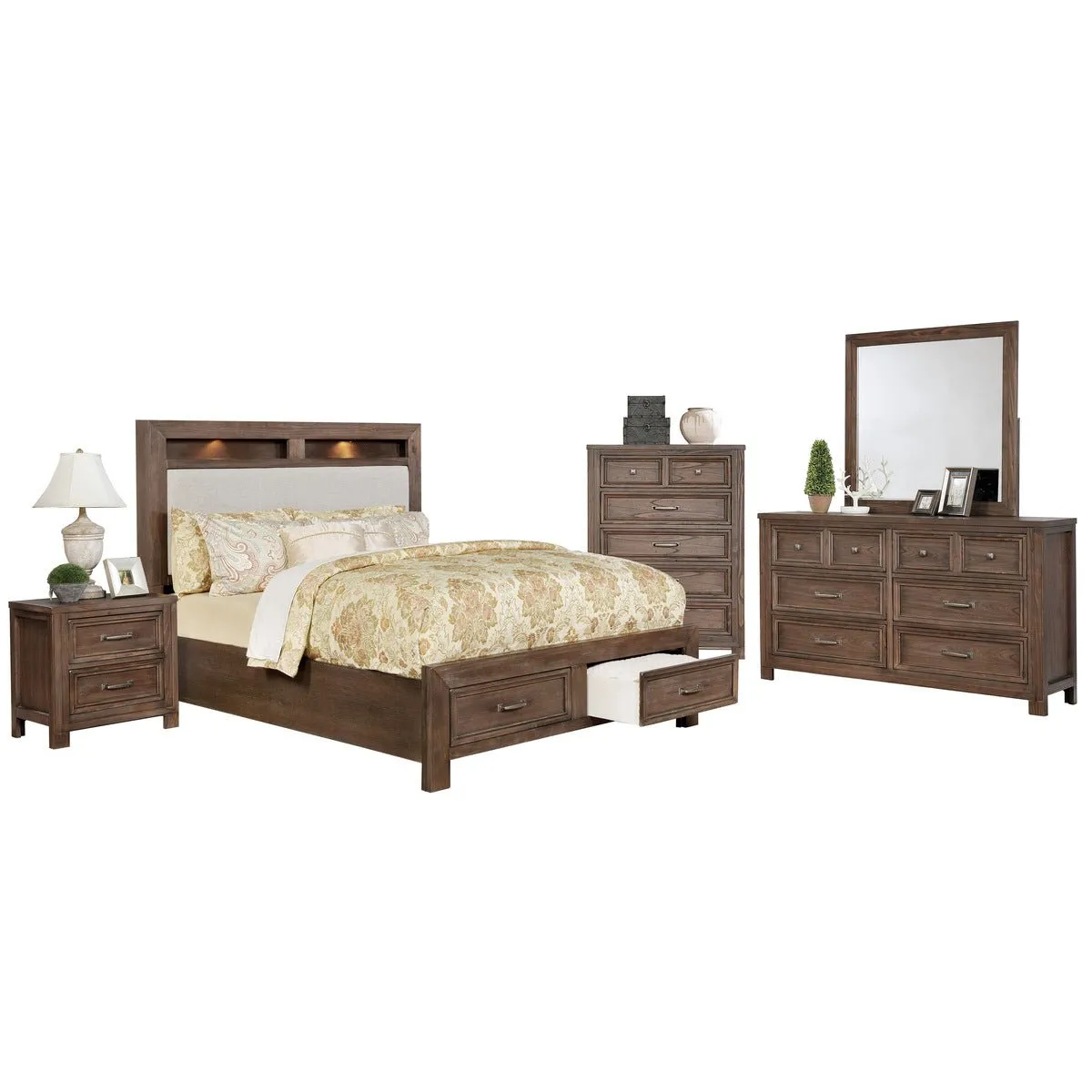 Darcy Queen Storage Bed with Upholstered Headboard & LED Lights