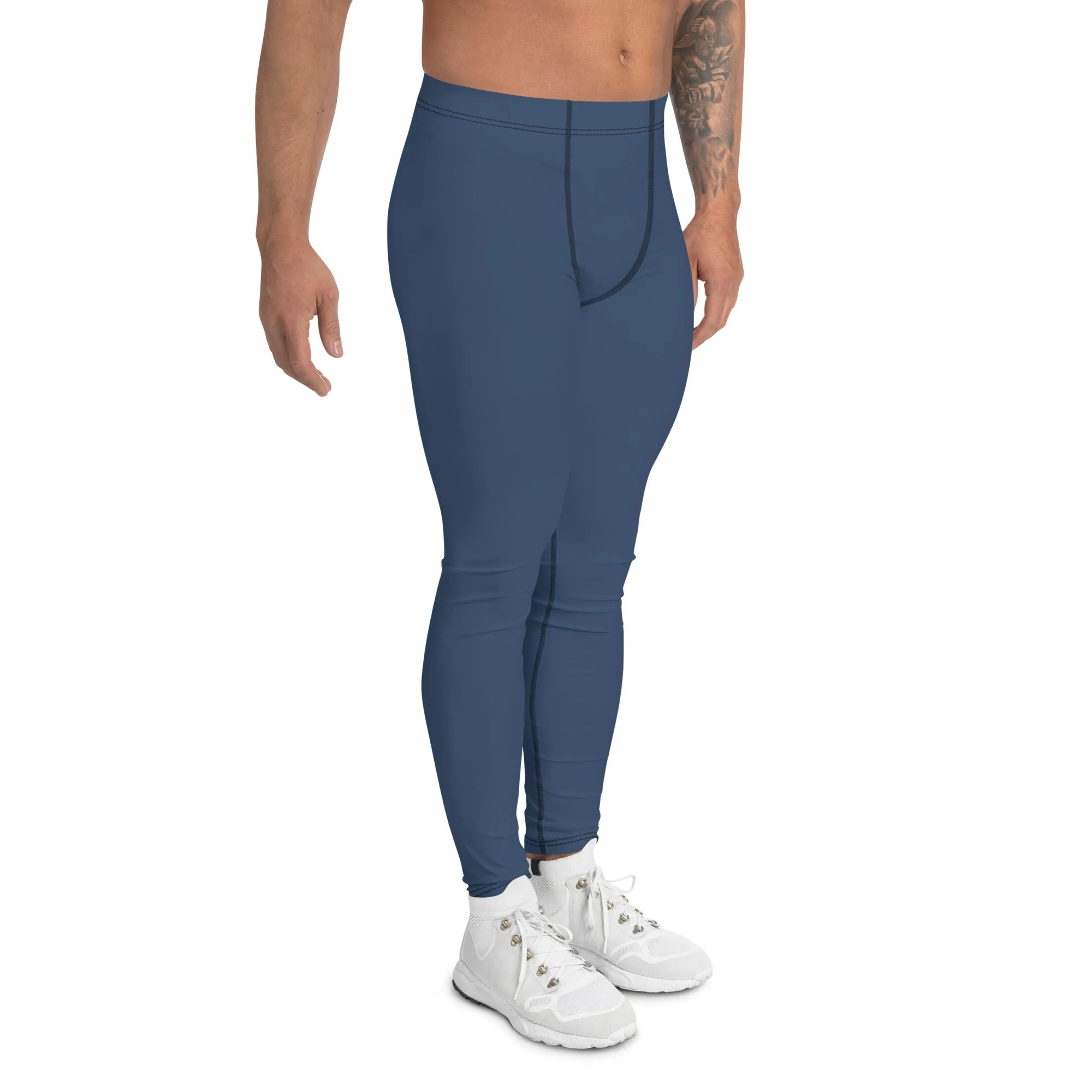 Dark Blue Color Men's Leggings, Modern Solid Blue Color Designer Spandex Men's Tights/Leggings- Made in USA/ MX/ EU