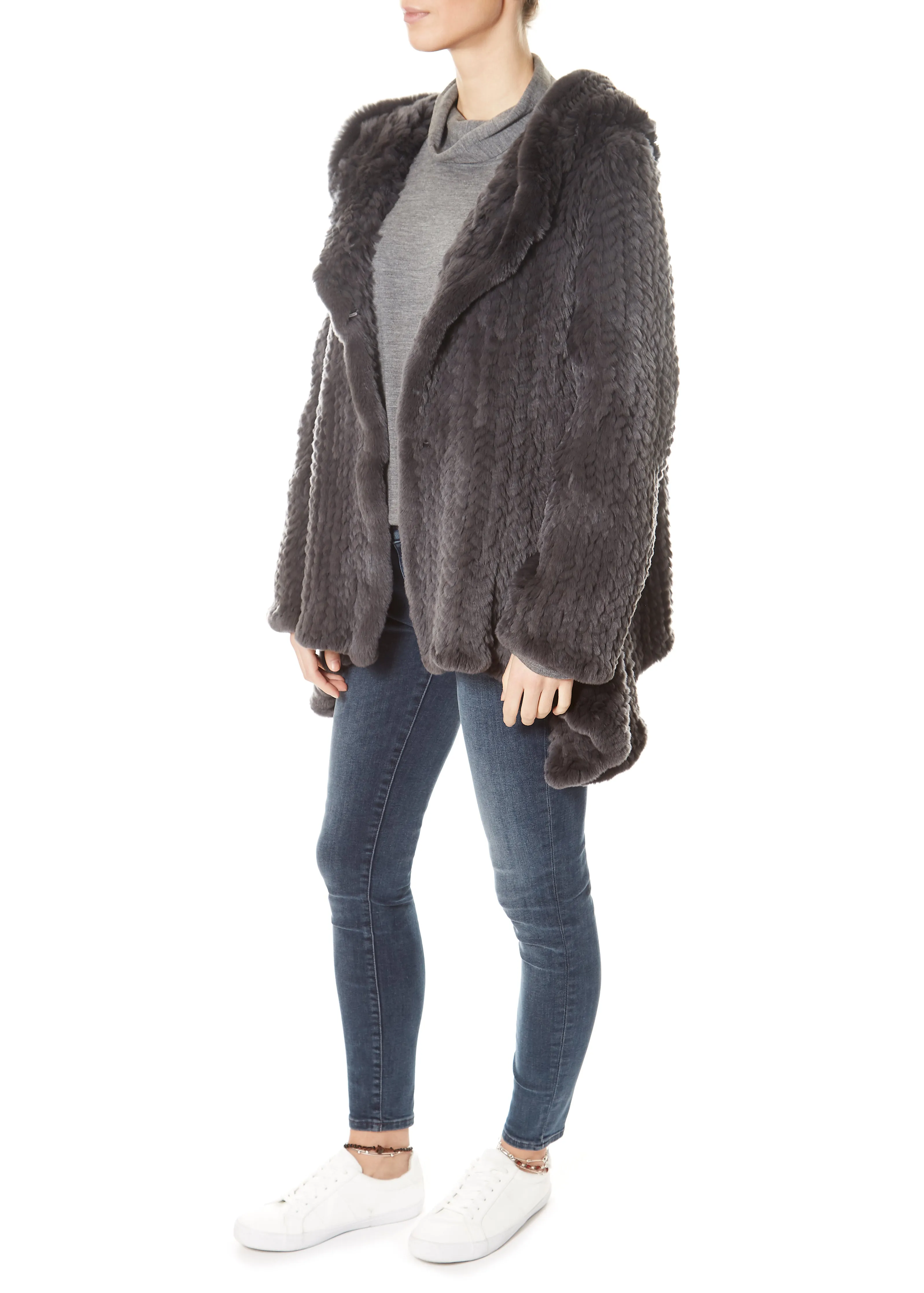 Dark Grey Asymmetric Knitted Rex Rabbit Jacket With Hood