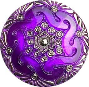 Dark Purple Large Deco Hexagon Czech Glass Button Handpainted by Susan Clarke, 1-5/8", #SC885H