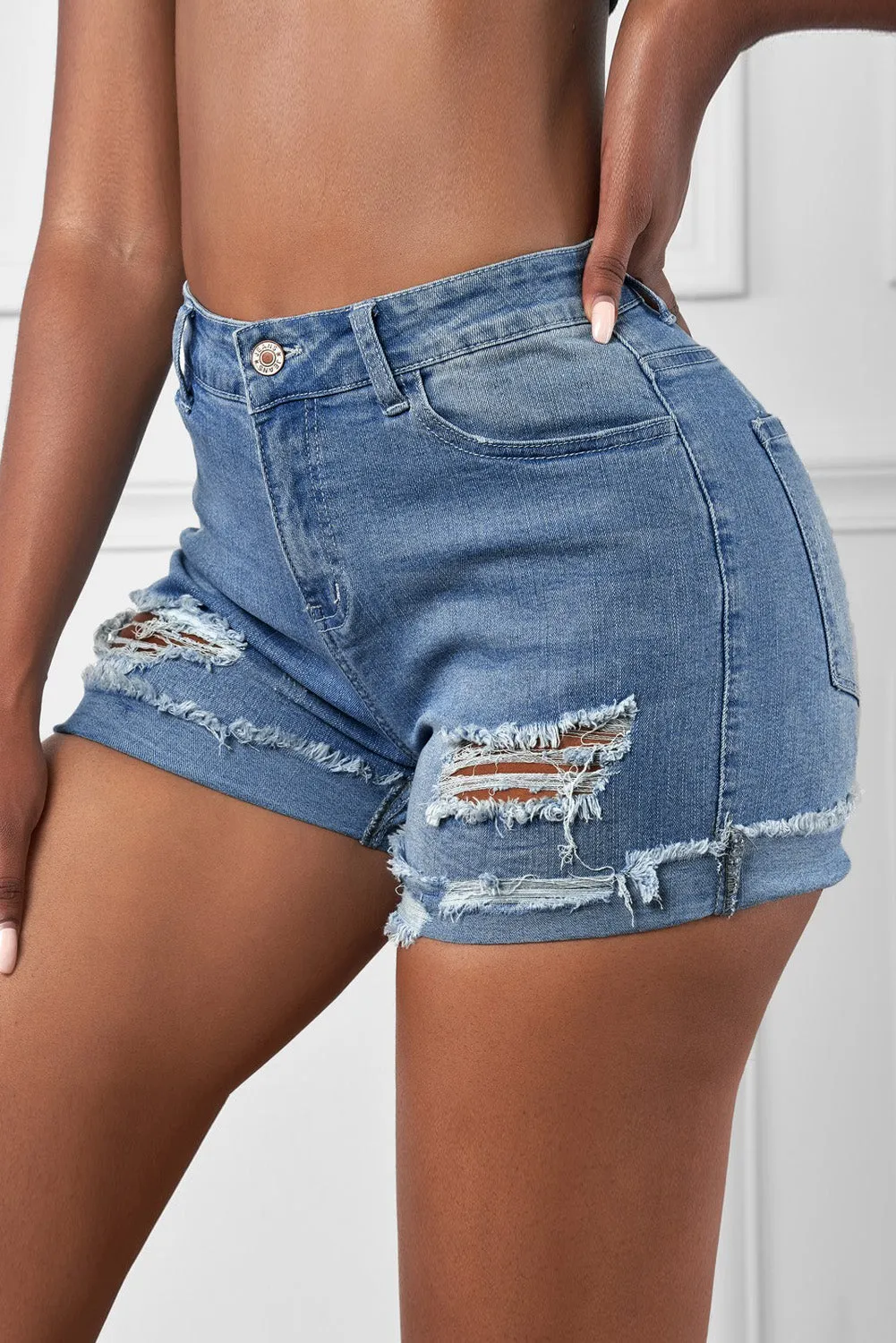 Distressed Denim Short for Women Ripped Rolled Hem Blue Denim Jean Shorts