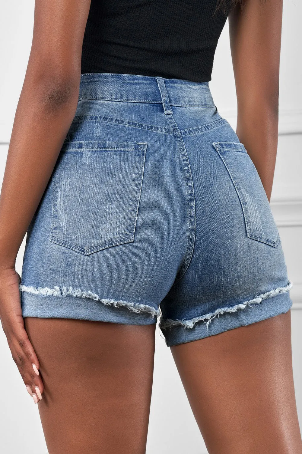 Distressed Denim Short for Women Ripped Rolled Hem Blue Denim Jean Shorts