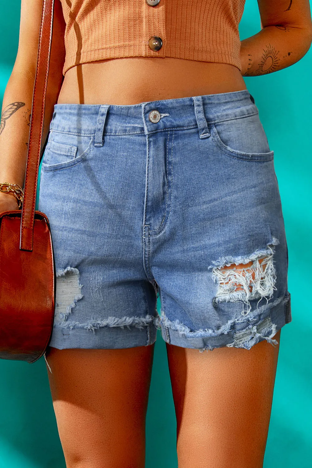 Distressed Denim Short for Women Ripped Rolled Hem Blue Denim Jean Shorts