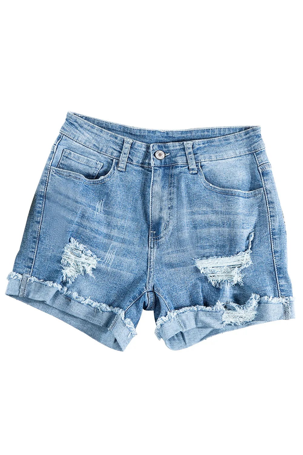 Distressed Denim Short for Women Ripped Rolled Hem Blue Denim Jean Shorts