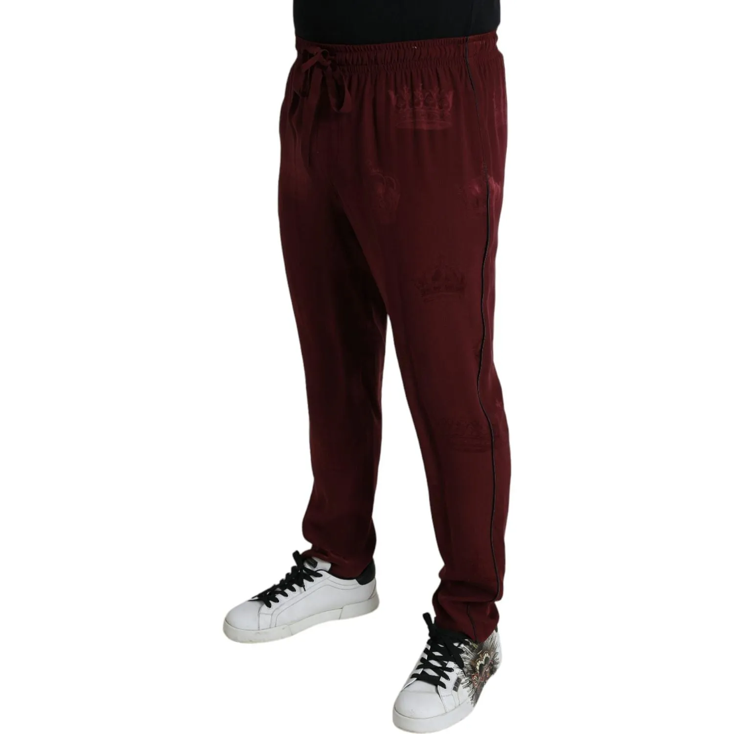 Dolce & Gabbana Elegant Maroon Silk Pajama Pants with Crown Motif