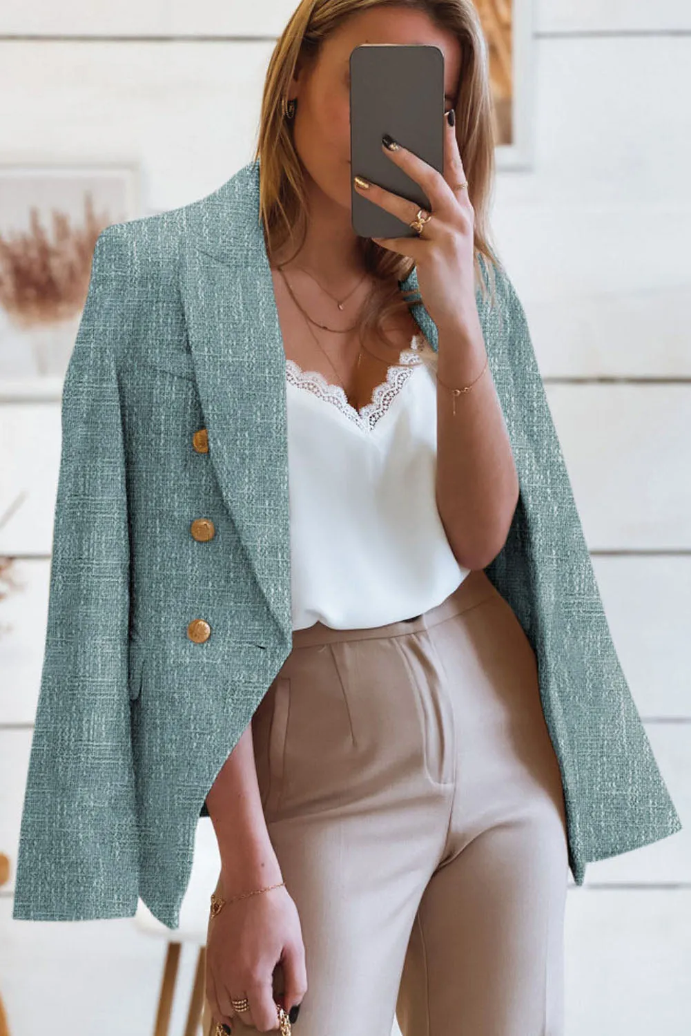 Double Breasted Lapel Blazers Women's Casual Office Long Sleeve Jacket