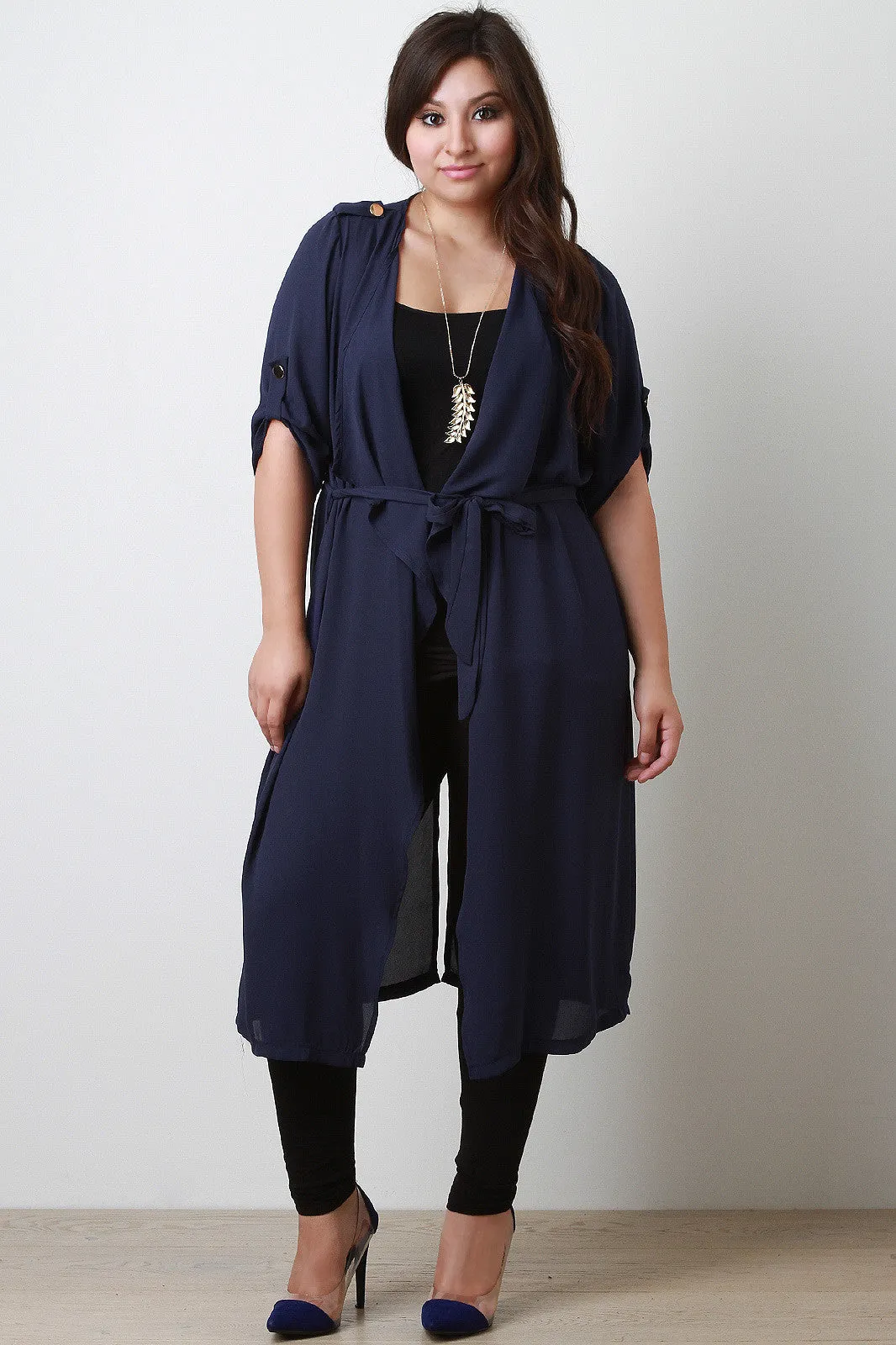 Draped Chiffon Longline Trench Coat