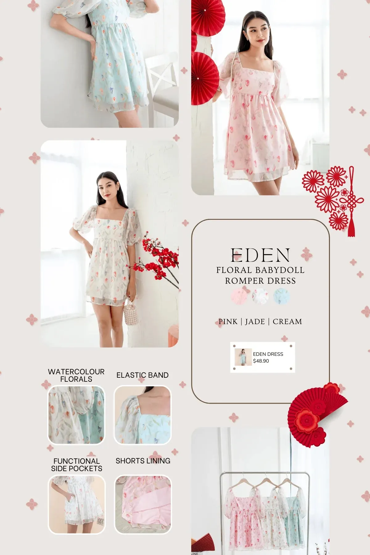 EDEN FLORAL BABYDOLL ROMPER DRESS IN CREAM