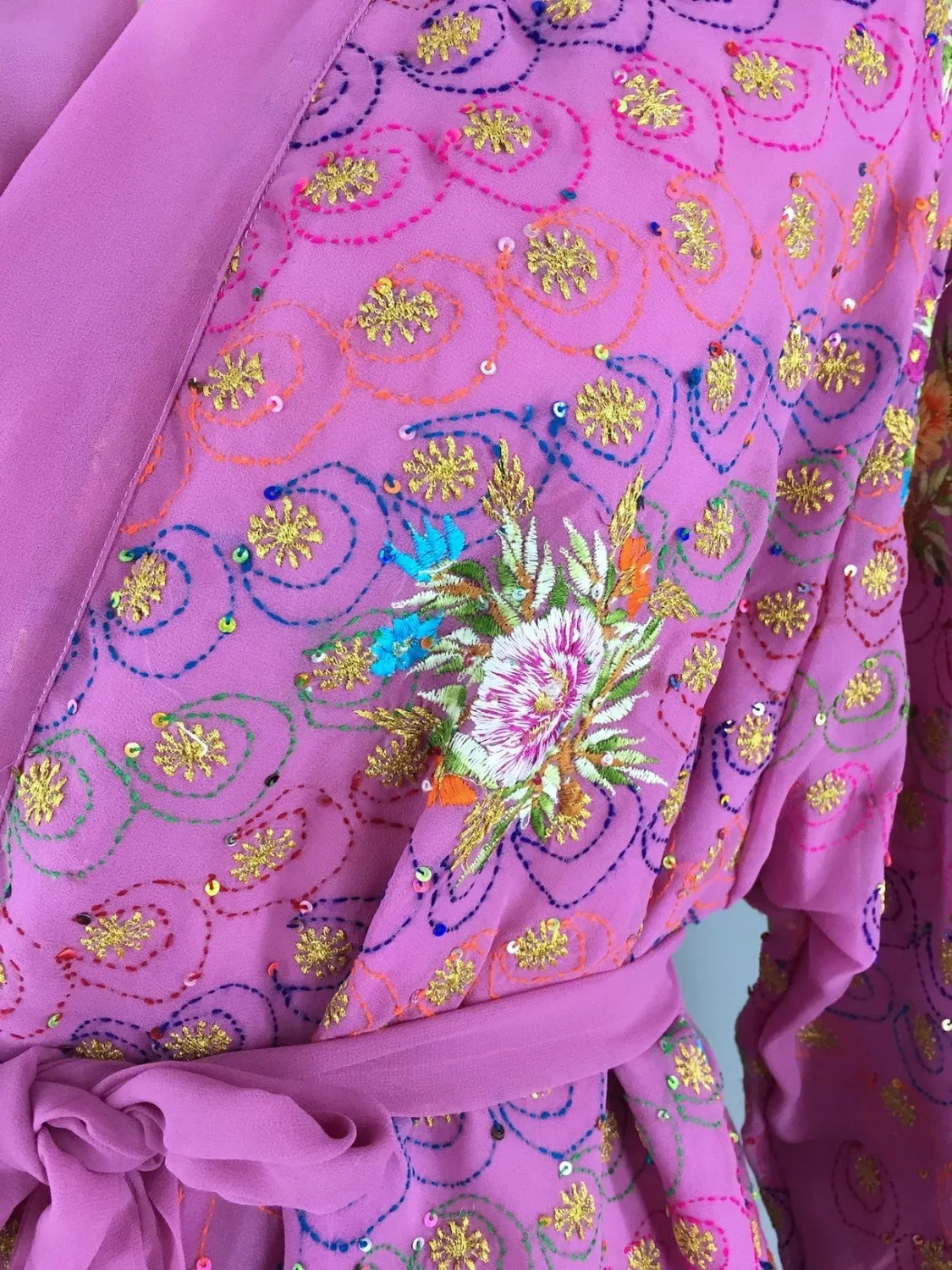 Embroidered Pink Orchid Silk Chiffon Kimono Cardigan Vintage Indian Sari