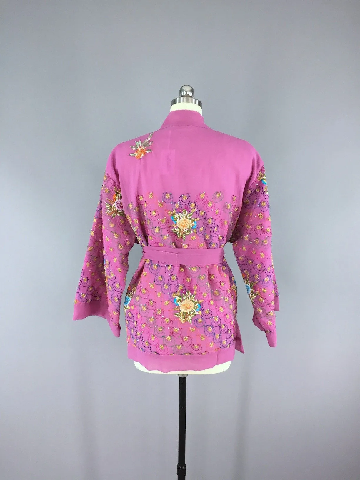 Embroidered Pink Orchid Silk Chiffon Kimono Cardigan Vintage Indian Sari