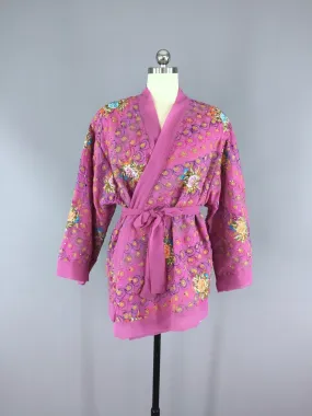 Embroidered Pink Orchid Silk Chiffon Kimono Cardigan Vintage Indian Sari