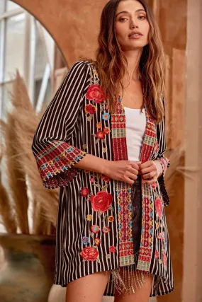 Embroidered Striped Cardigan