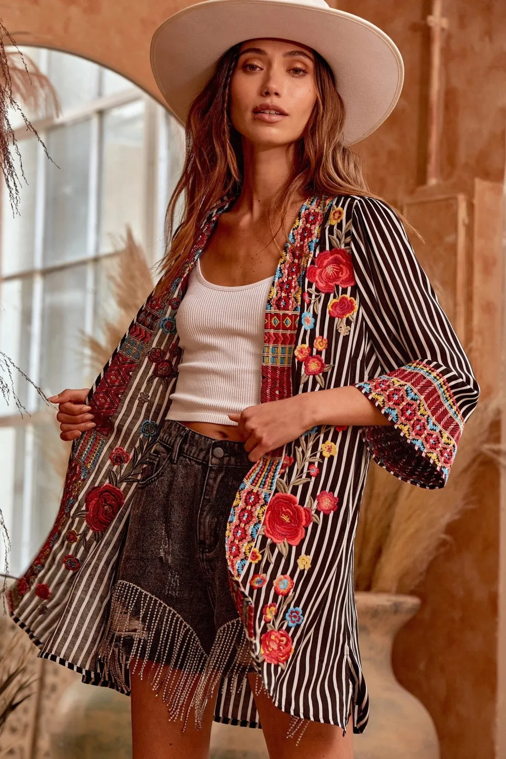 Embroidered Striped Cardigan