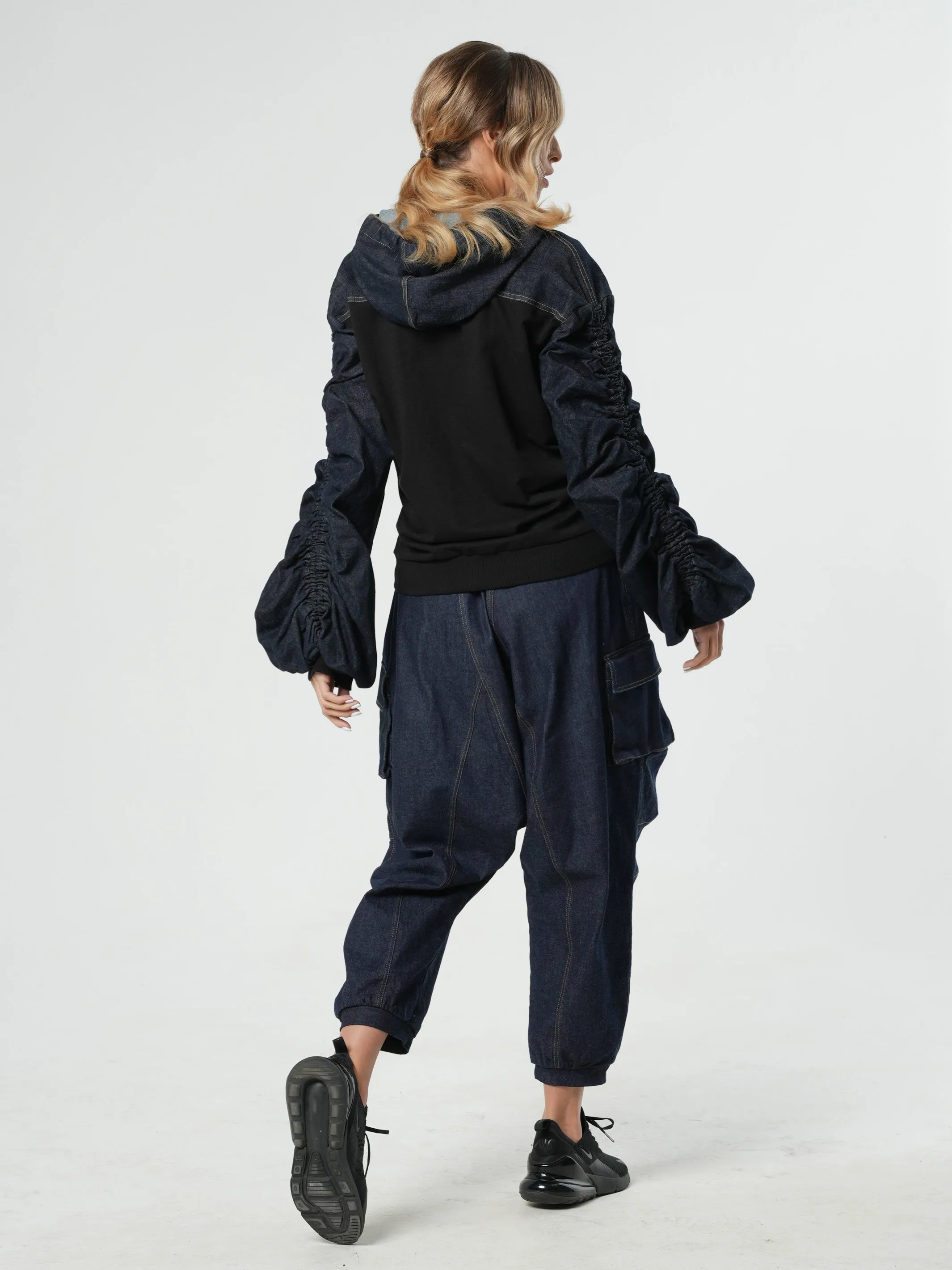 Extravagant Denim Jacket with Gathered Sleeves