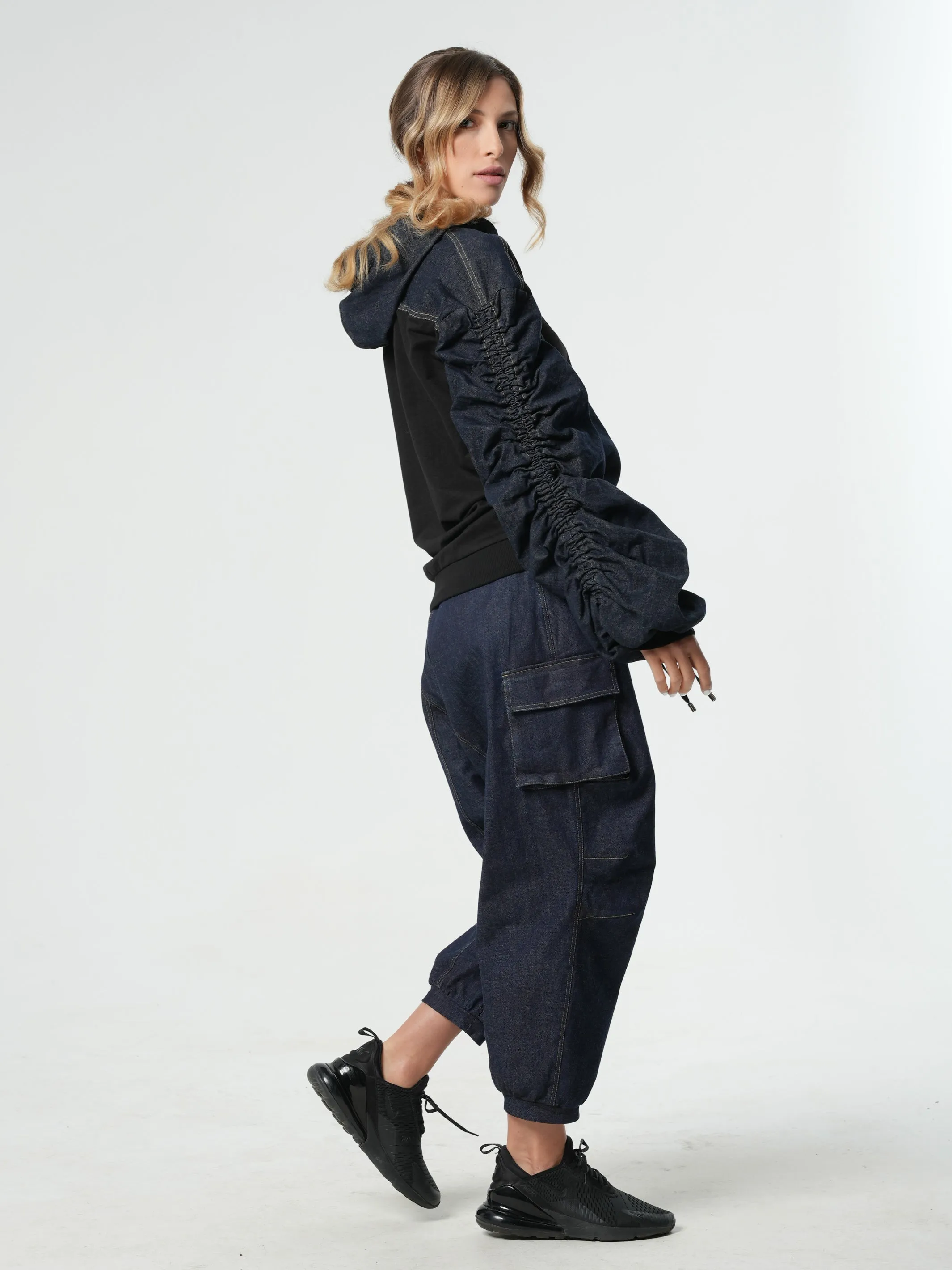 Extravagant Denim Jacket with Gathered Sleeves