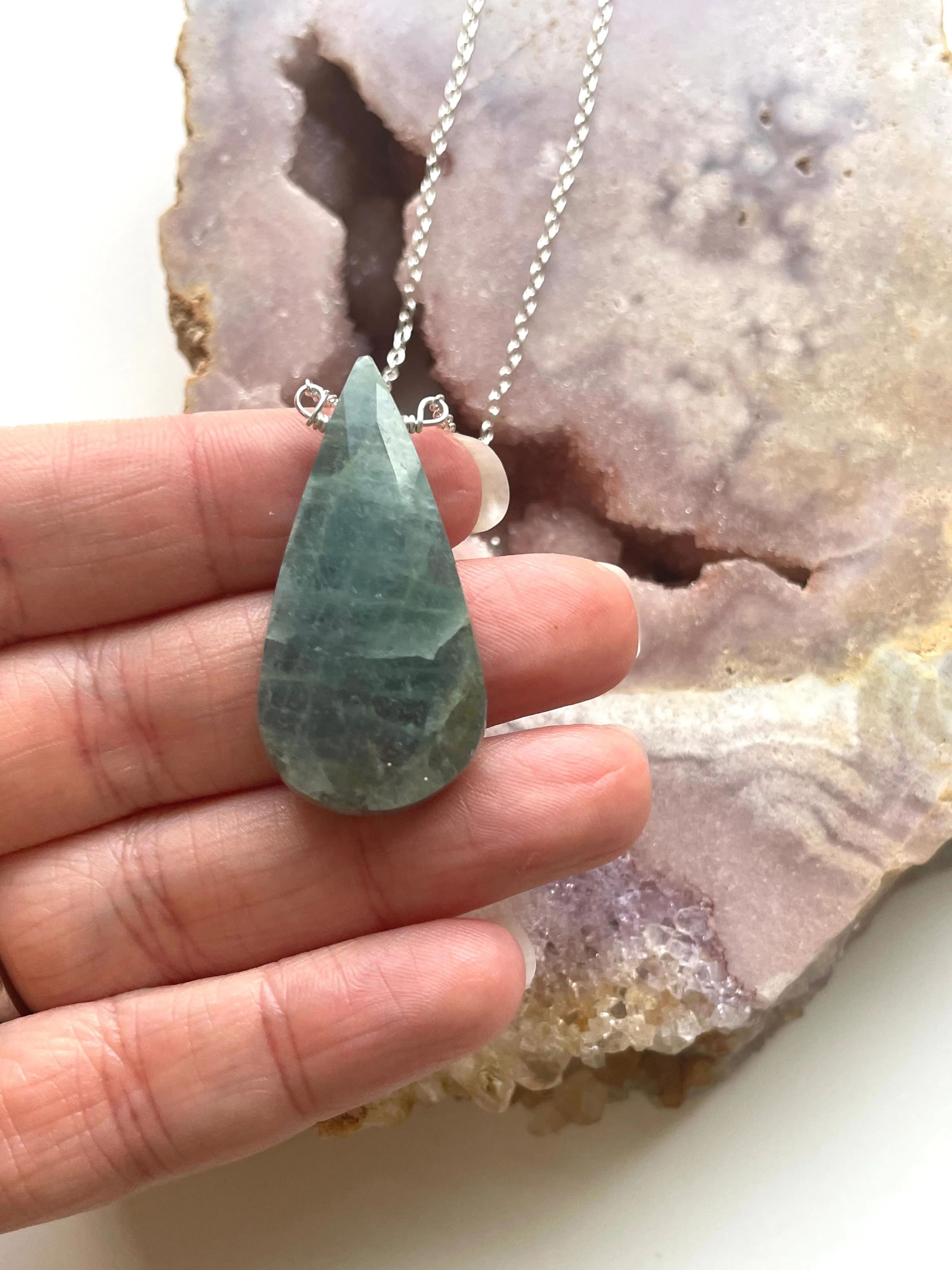 Faceted Dark Aquamarine Necklace Sterling Silver