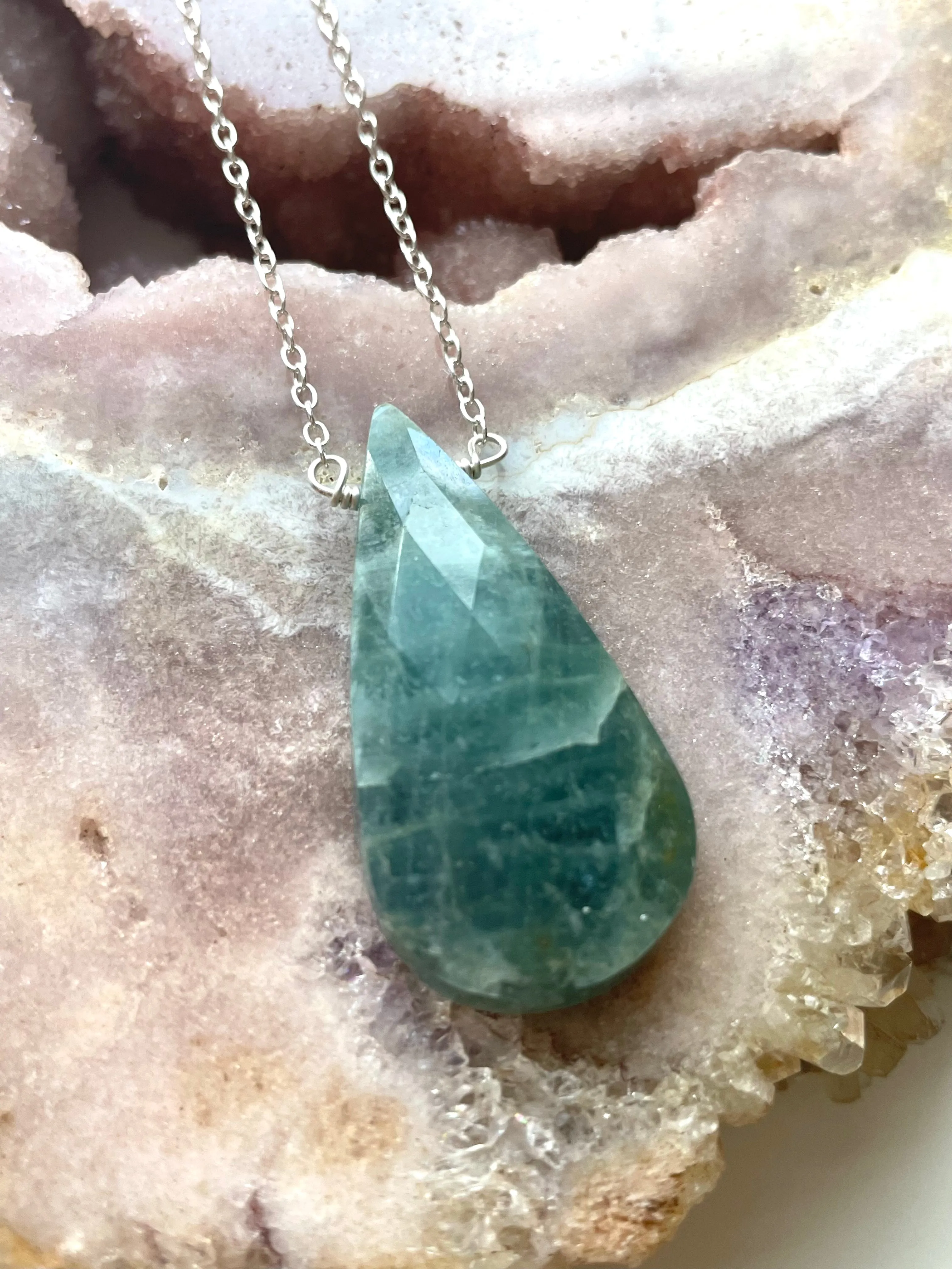 Faceted Dark Aquamarine Necklace Sterling Silver