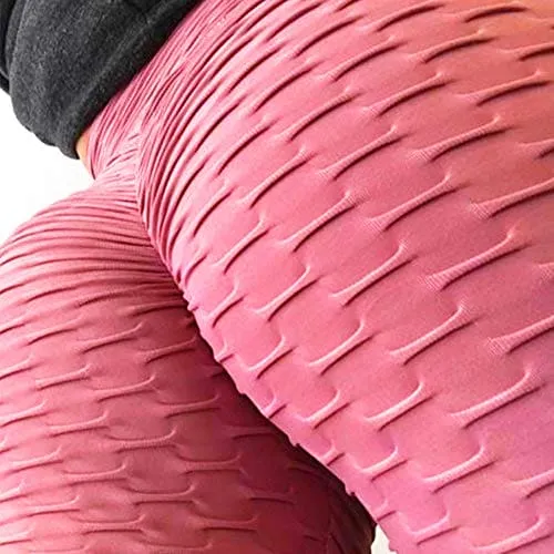 FITTOO Women's High Waist Yoga Pants Tummy Control Scrunched Booty Capri Leggings Workout Running Butt Lift Textured Tights Pink