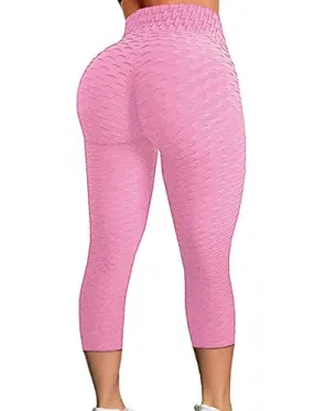 FITTOO Women's High Waist Yoga Pants Tummy Control Scrunched Booty Capri Leggings Workout Running Butt Lift Textured Tights Pink