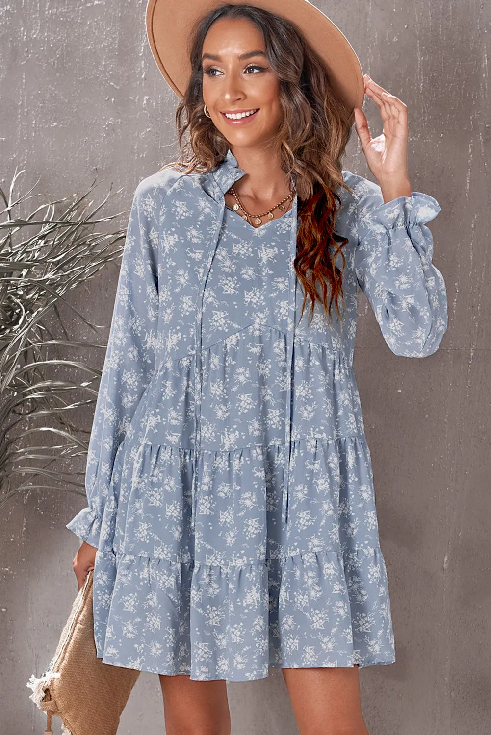 Floral Tie-Neck Flounce Sleeve Tiered Babydoll Dress