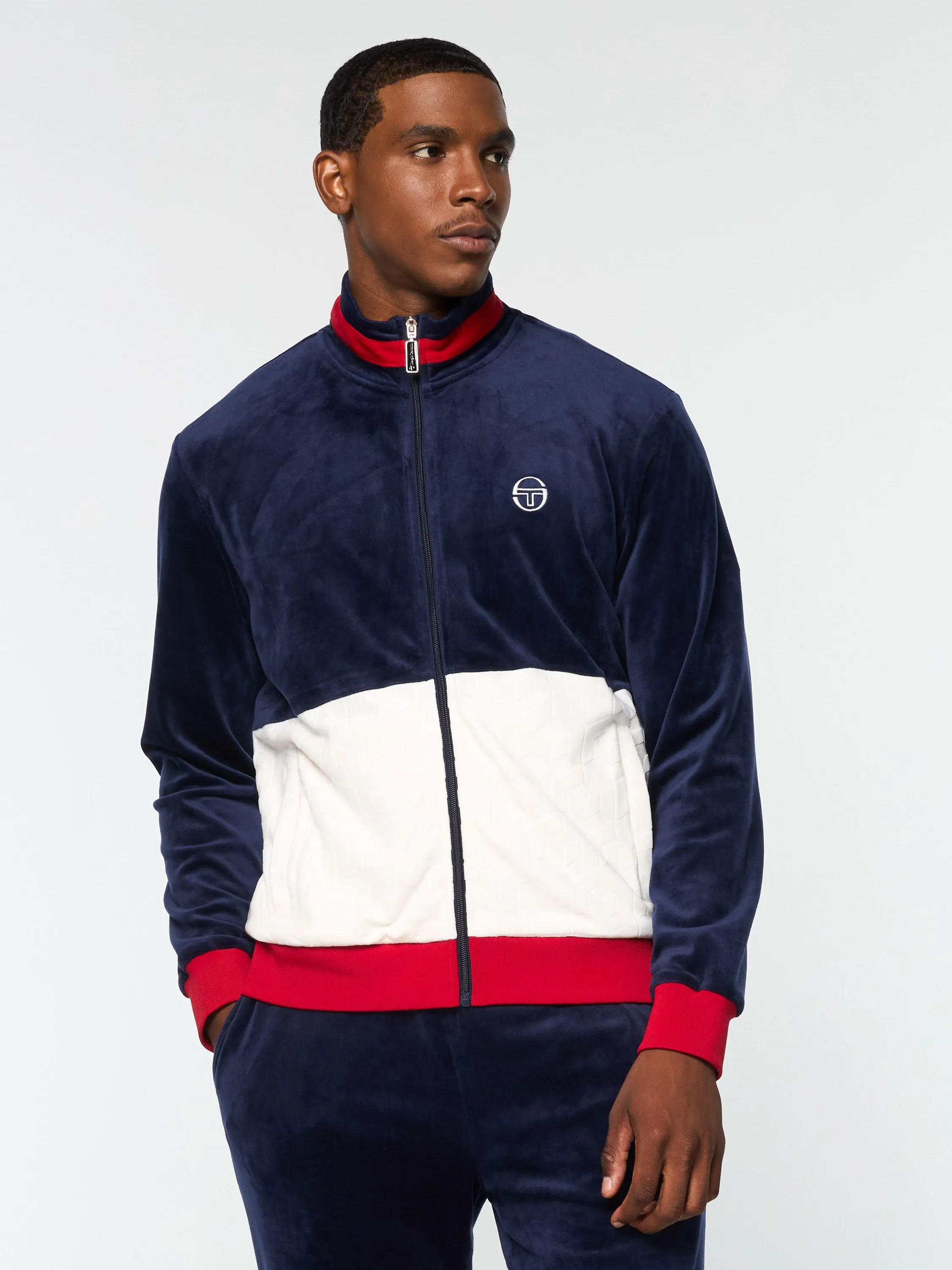 Foggia Velour Debossed Track Jacket- Maritime Blue