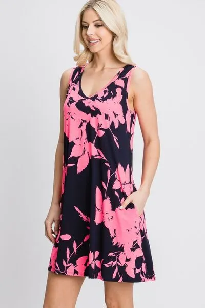 Full Size Floral V-Neck Tank Dress with Pockets