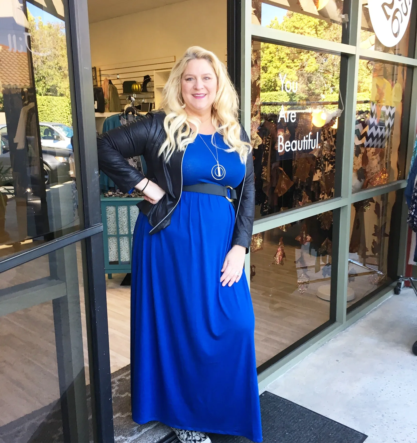 Gathered Waist Pocketed Maxi Dress in Royal Blue