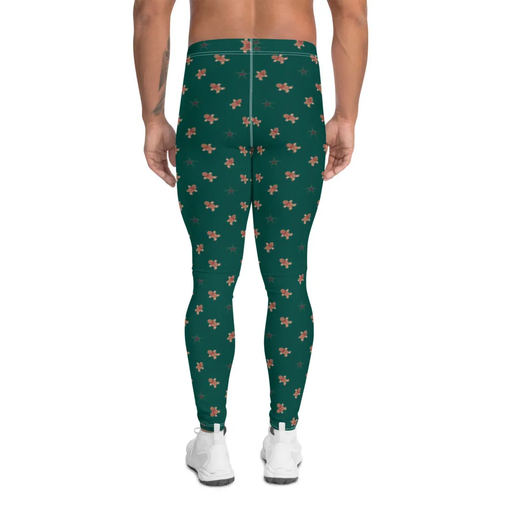 Gingerbread Christmas Holiday Men's Leggings, Festive Xmas Party Meggings Running Tights