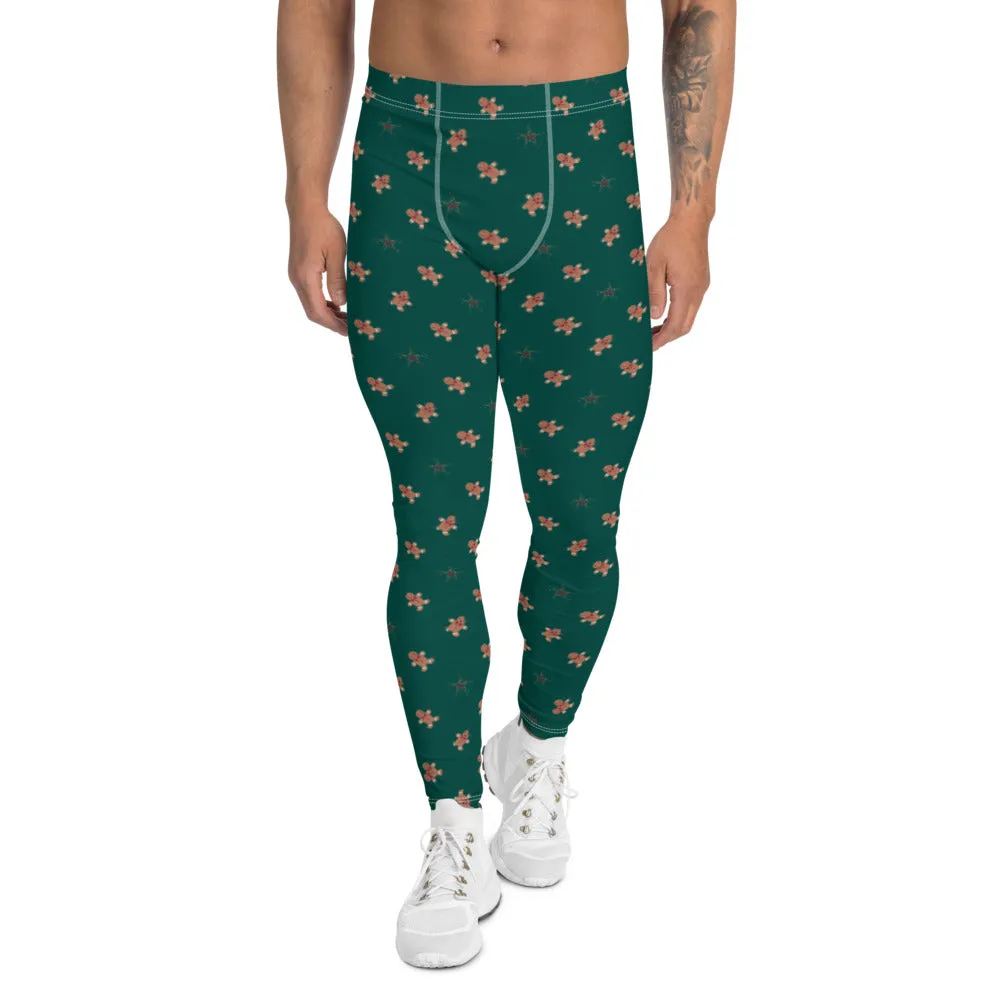 Gingerbread Christmas Holiday Men's Leggings, Festive Xmas Party Meggings Running Tights